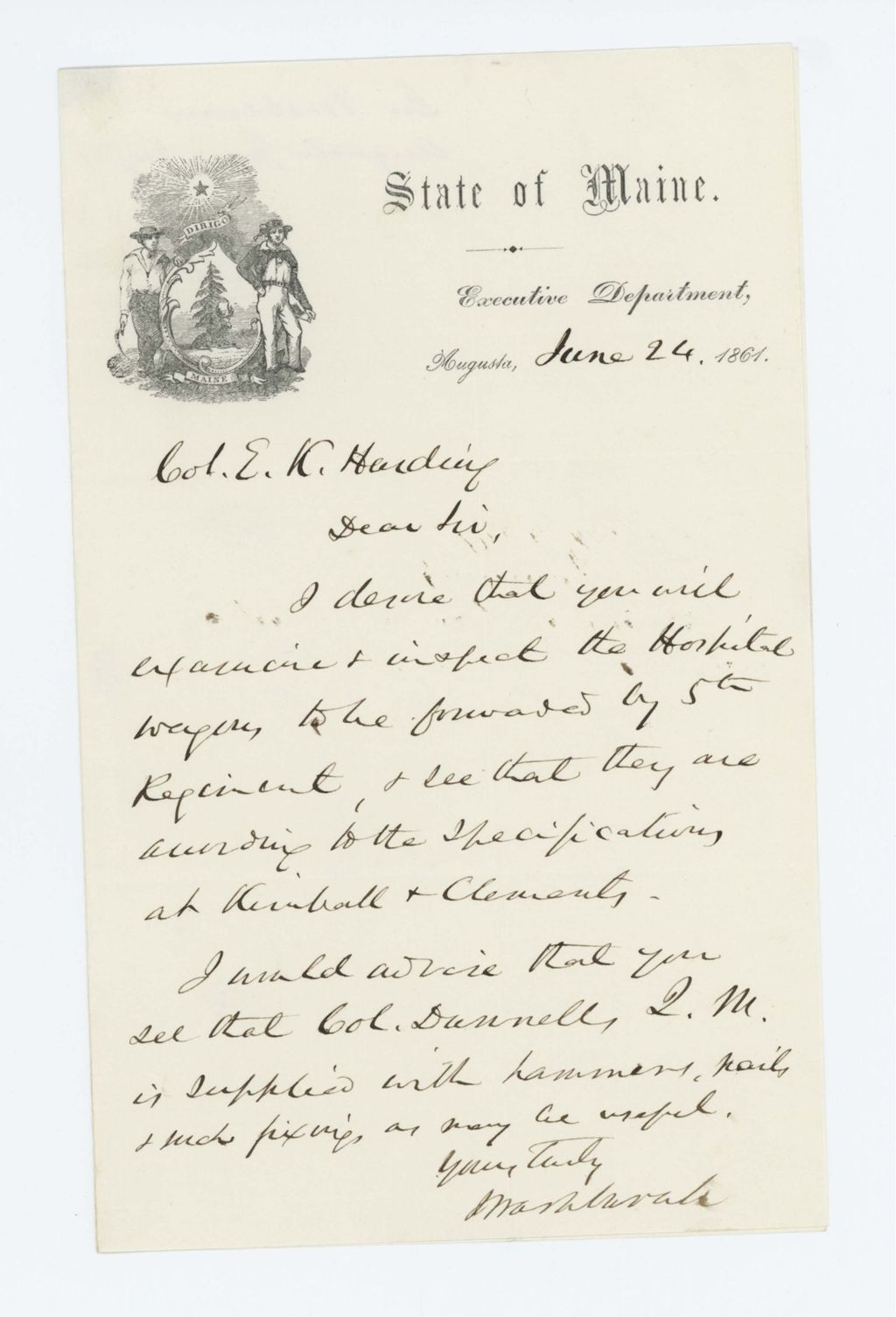 Miniature of Governor Washburn instructs Colonel E.K. Harding to inspect hospital wagons and furnish hammers and nails