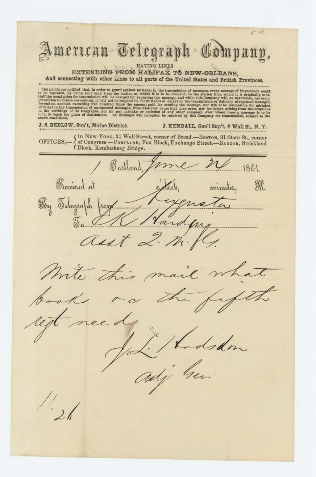 Miniature of Telegraph from Adjutant General to Colonel Harding regarding books