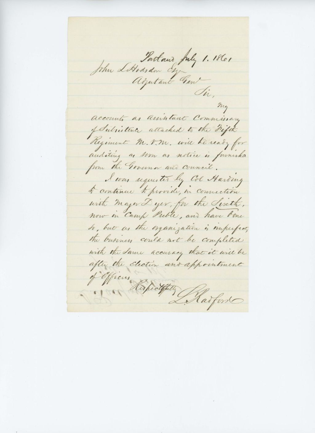 Miniature of Lincoln Radford says his accounts as Assistant Commisary of Subsistence are ready for audit