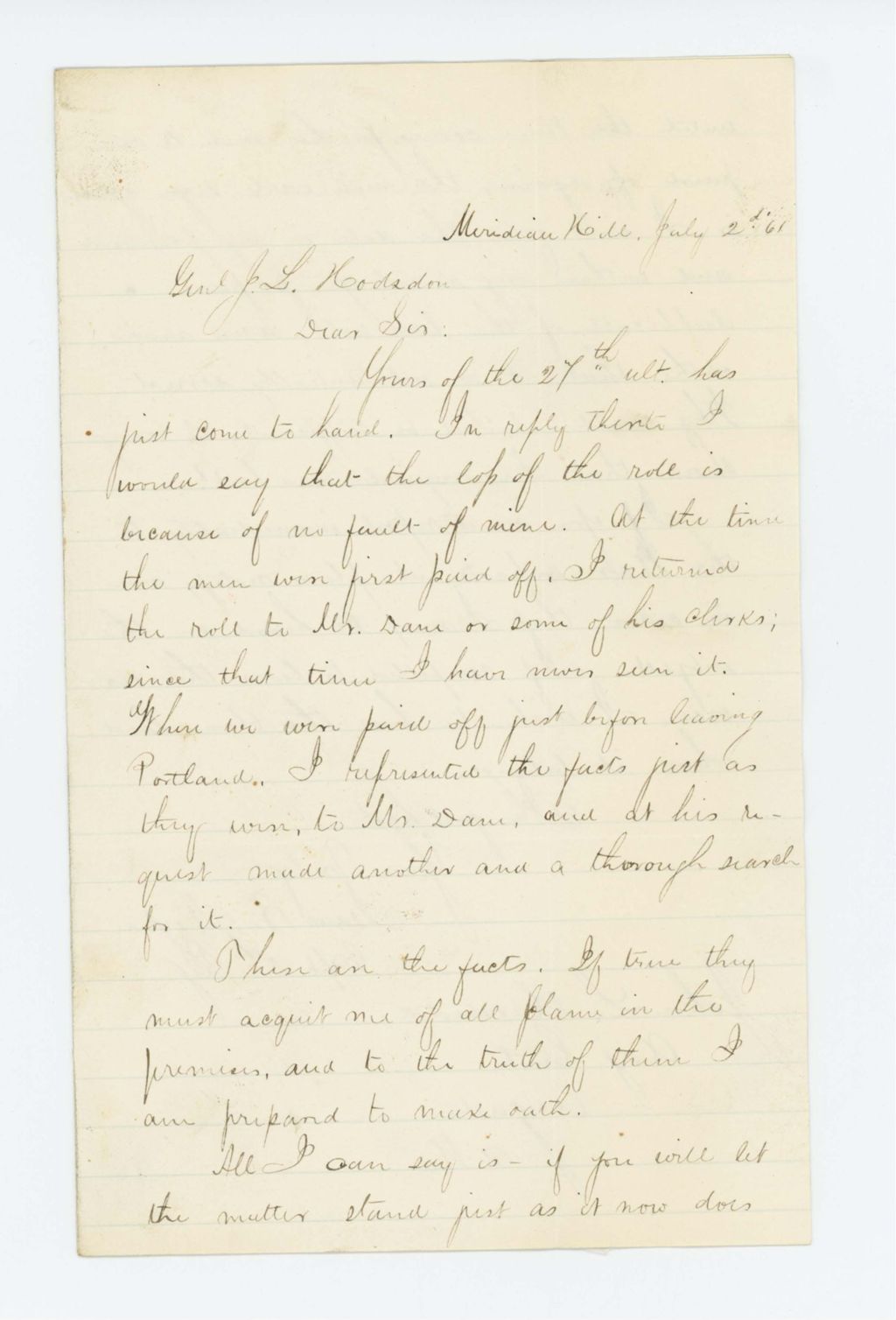 Miniature of Captain Isaac Noyes asserts to Adjutant General Hodsdon he is not responsible for the loss of the rolls
