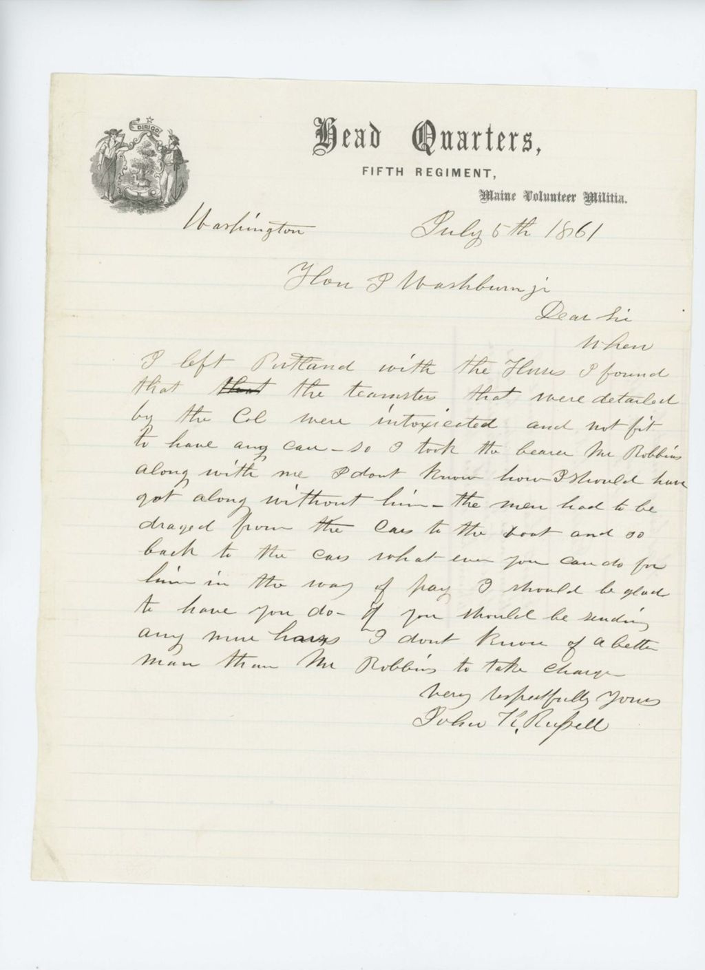 Miniature of John K. Russell reports that on account of teamsters' drunkenness he had to hire an assistant