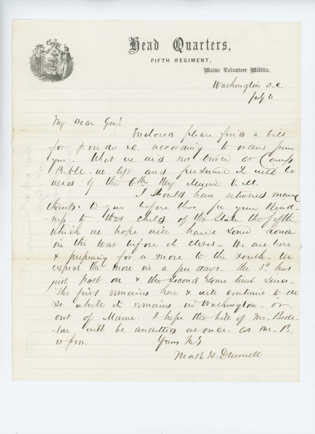 Miniature of Colonel Dunnell thanks General Hodsdon for his kindness and informs him the regiment is preparing to move south