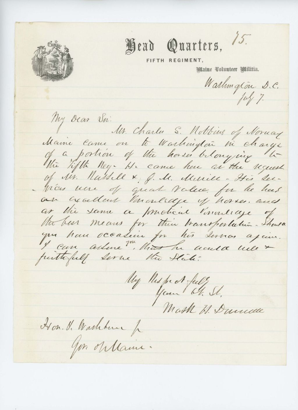 Miniature of Colonel Dunnell recommends Charles S. Robbins as a teamster