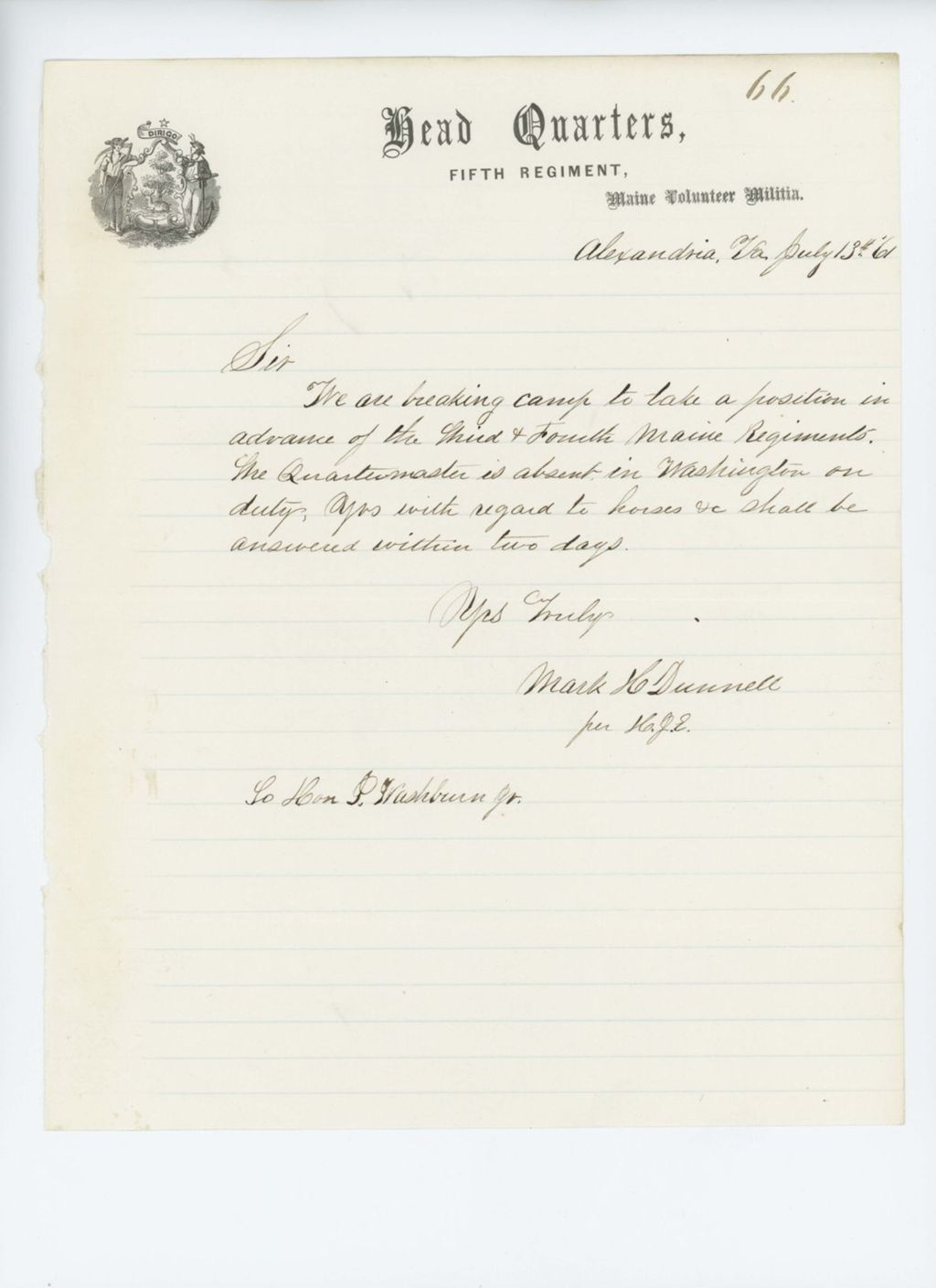 Miniature of Colonel Dunnell informs Governor Washburn that the regiment is breaking camp