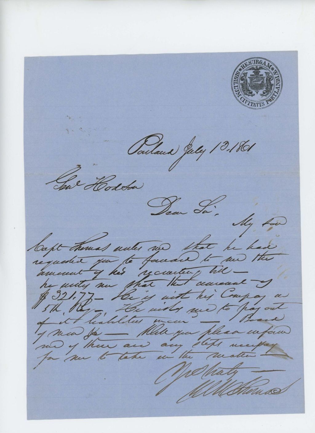 Miniature of W.H. Thomas writes to General Hodsdon regarding bills for recruiting
