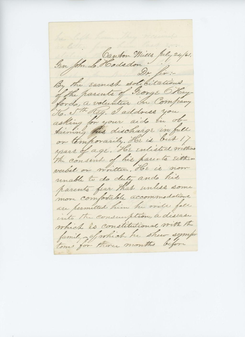Miniature of John P. Swasey requests the discharge of George Hayford