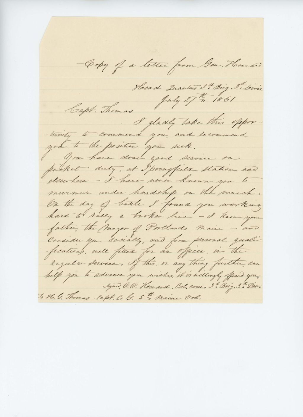 Miniature of Colonel Oliver Otis Howard writes to Captain Thomas to recommend him for promotion