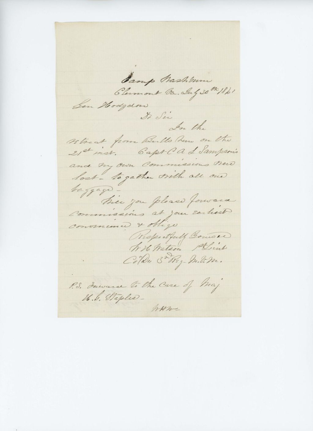Miniature of Lieutenant W. H. Watson requests new commissions for himself and officers