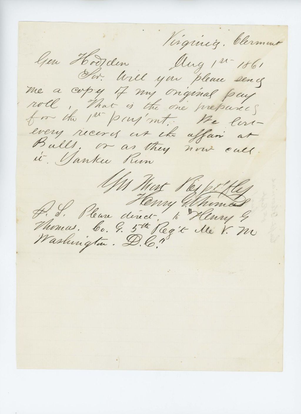 Miniature of Captain Henry G. Thomas requests copy of payroll