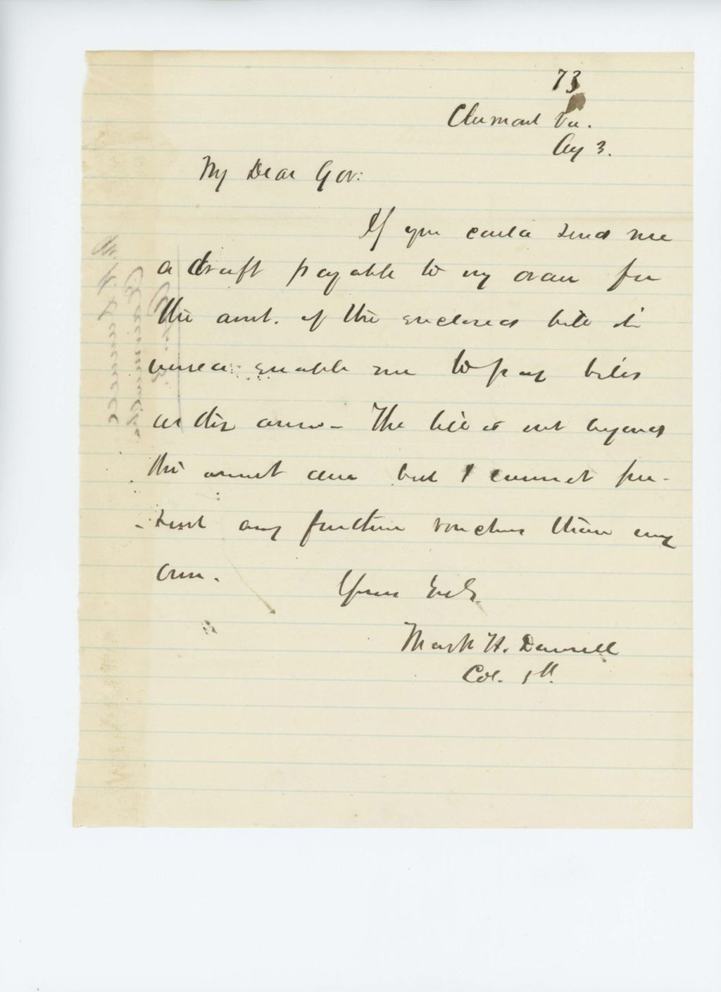 Miniature of Colonel Dunnell requests money to pay bills
