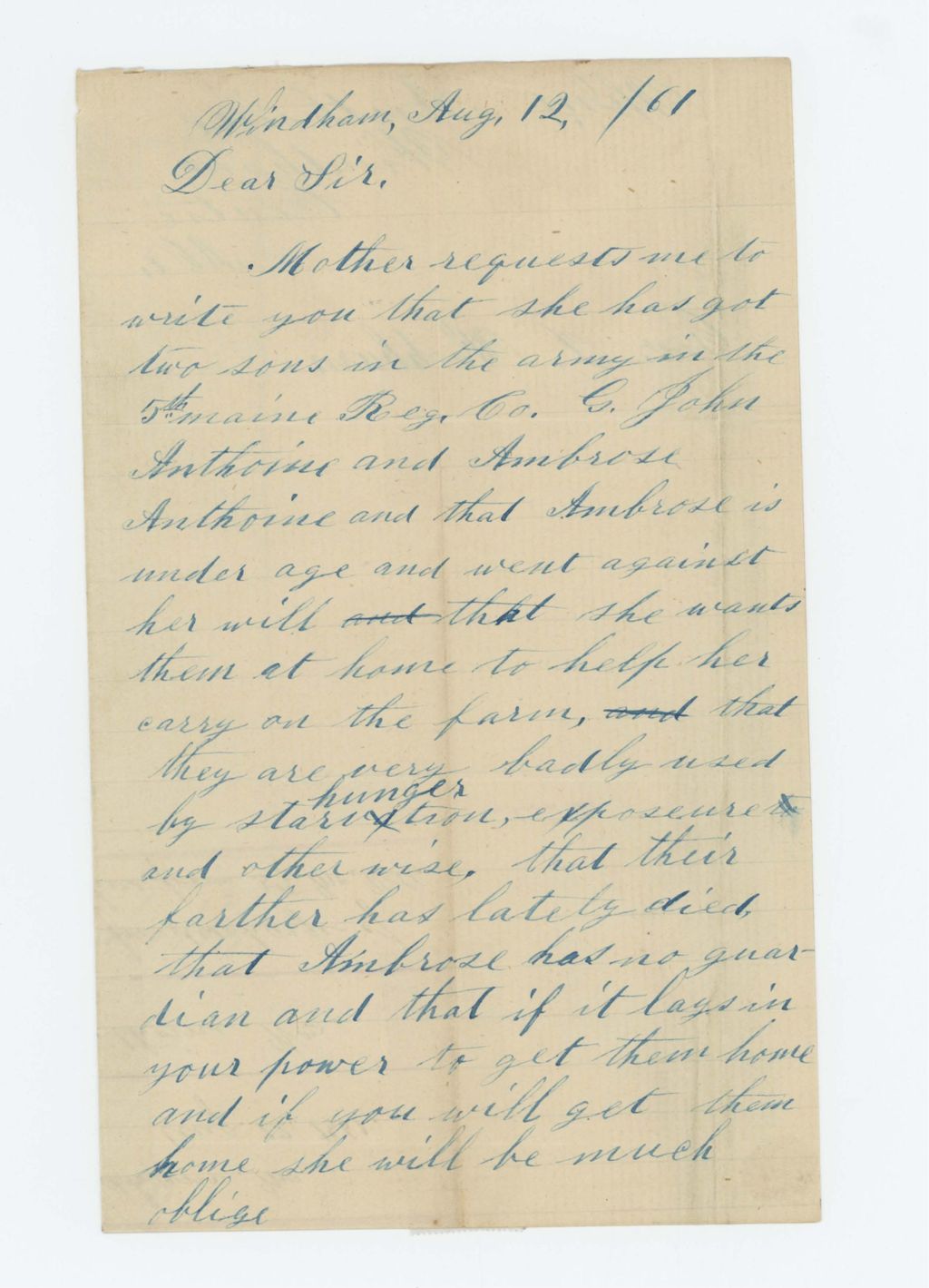 Miniature of William Anthoine requests the discharge of his brothers John and Ambrose to help on the farm