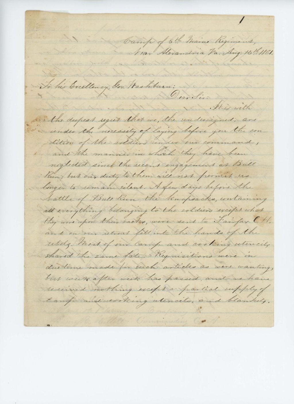 Miniature of Petition of officers to Governor Washburn for supplies for the regiment