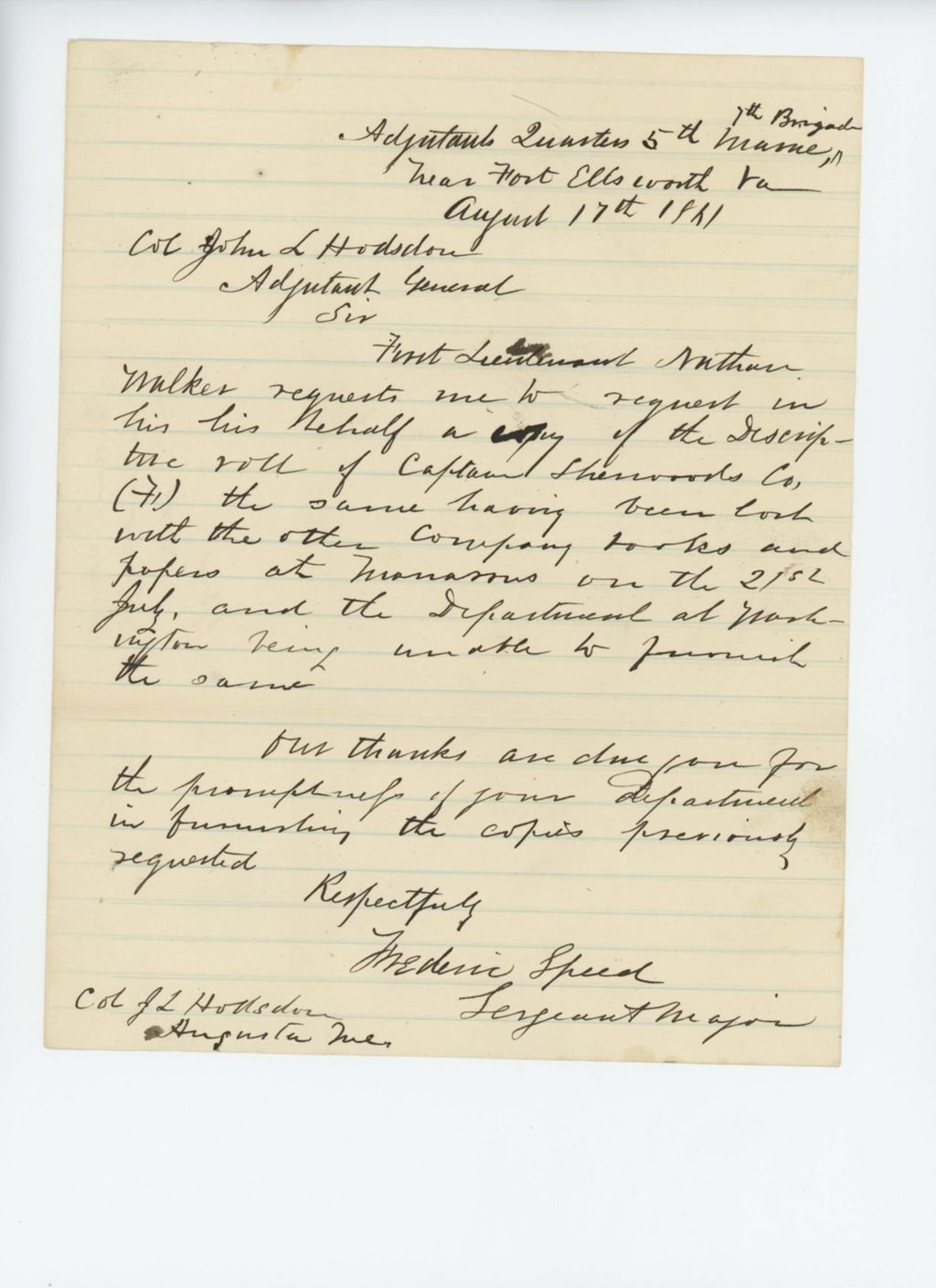Miniature of Sergeant Major Speed requests descriptive roll of Company F