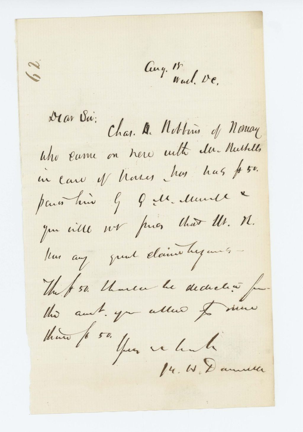 Miniature of Colonel Dunnell regarding $50 payment to Charles Robbins for care of horses