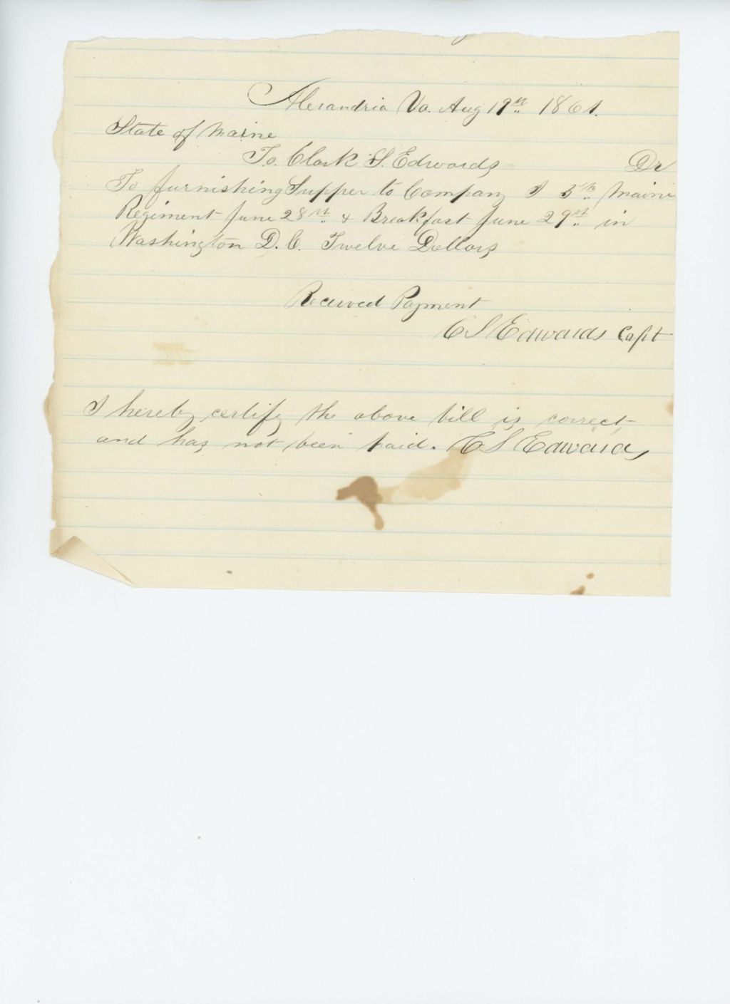 Miniature of Bill for supper and breakfast for Company I