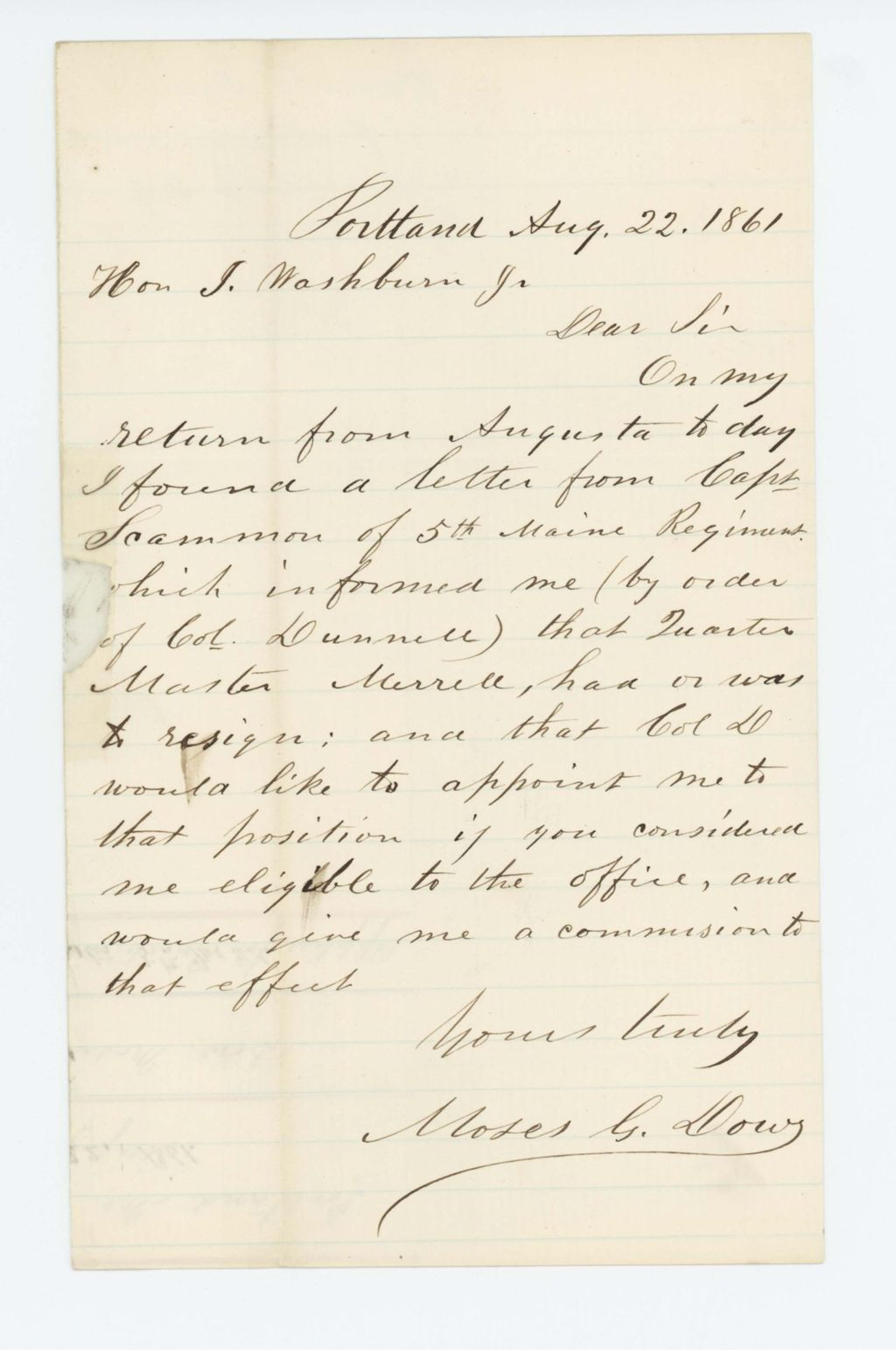 Miniature of Moses G. Dow applies for position as Quartermaster