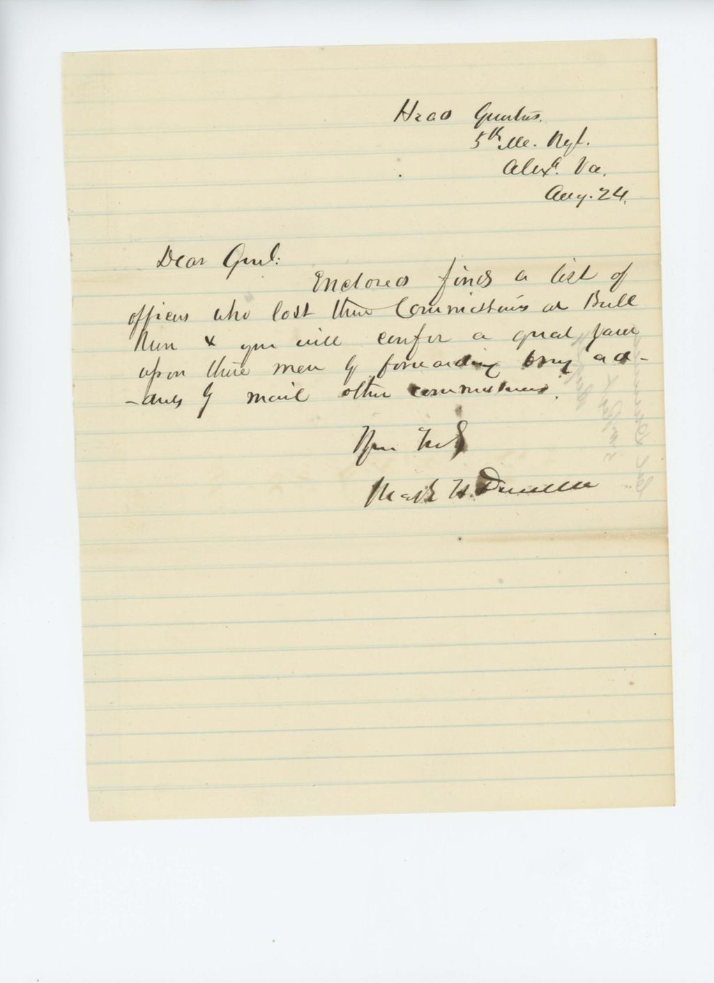 Miniature of Colonel Dunnell submits a list of officers who lost their commissions at Bull Run