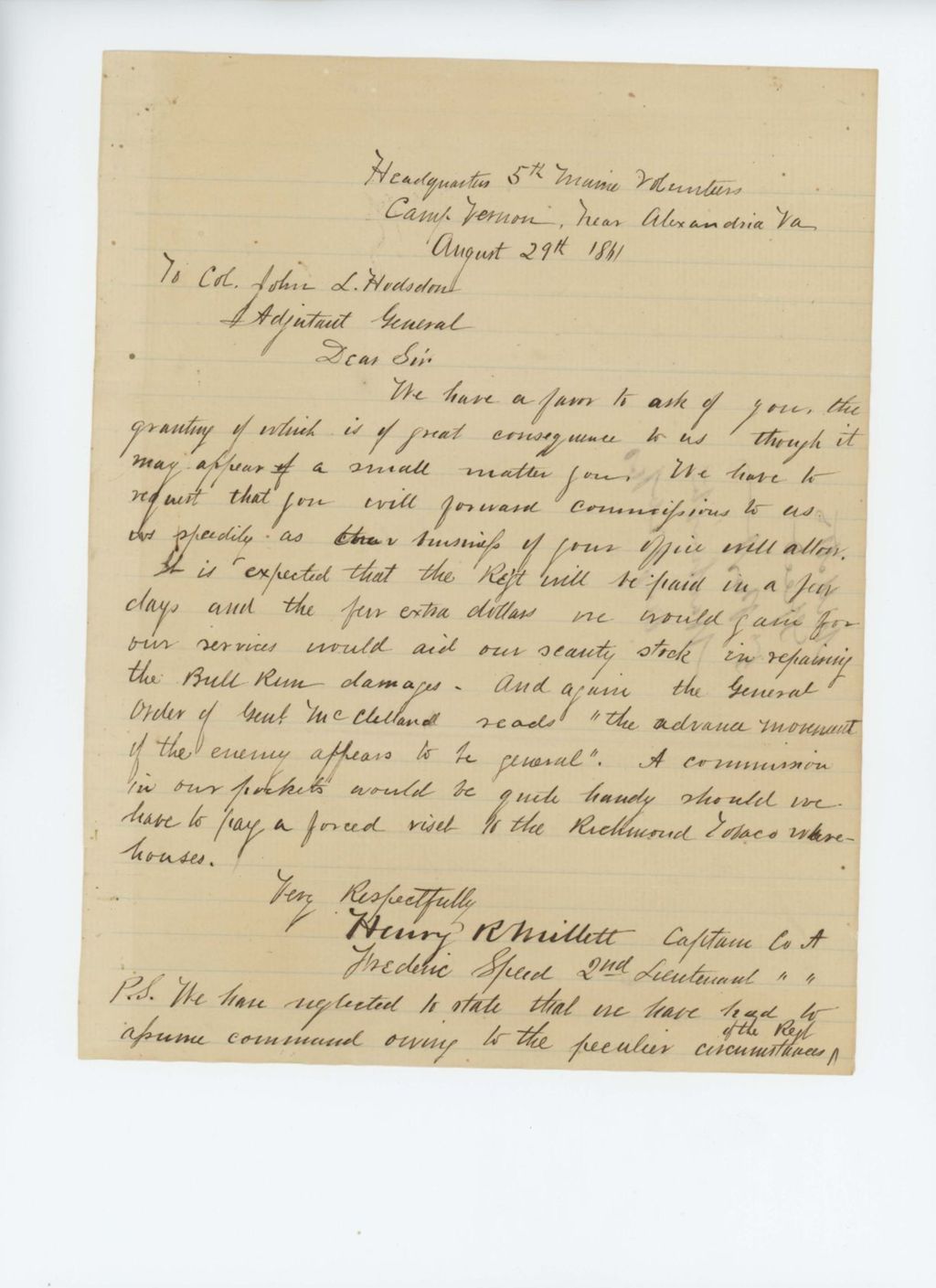Miniature of Captain Henry Millett and Lieutenant Speed request copies of their commissions lost at Manassas