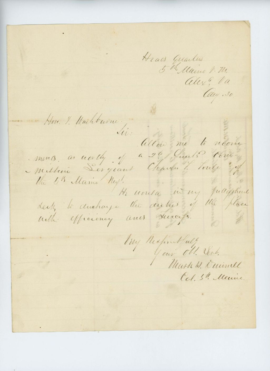 Miniature of Colonel Dunnell recommends Charles F. Towle for 2nd Lieutenant