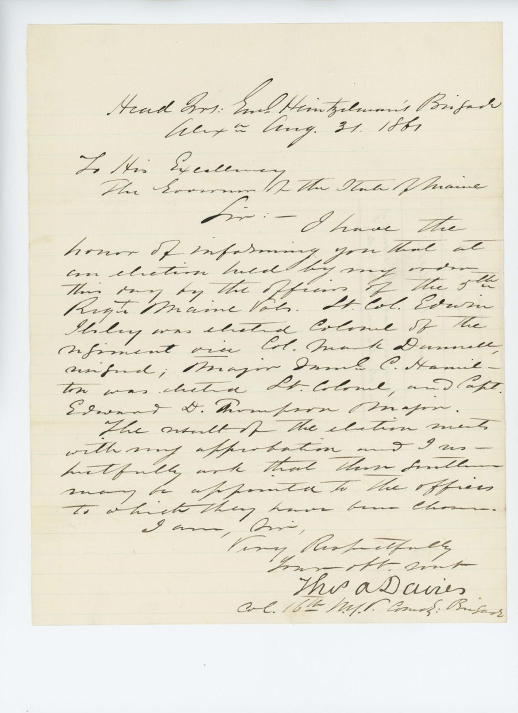 Miniature of Colonel Thomas A. Davies communicates the result of regimental election