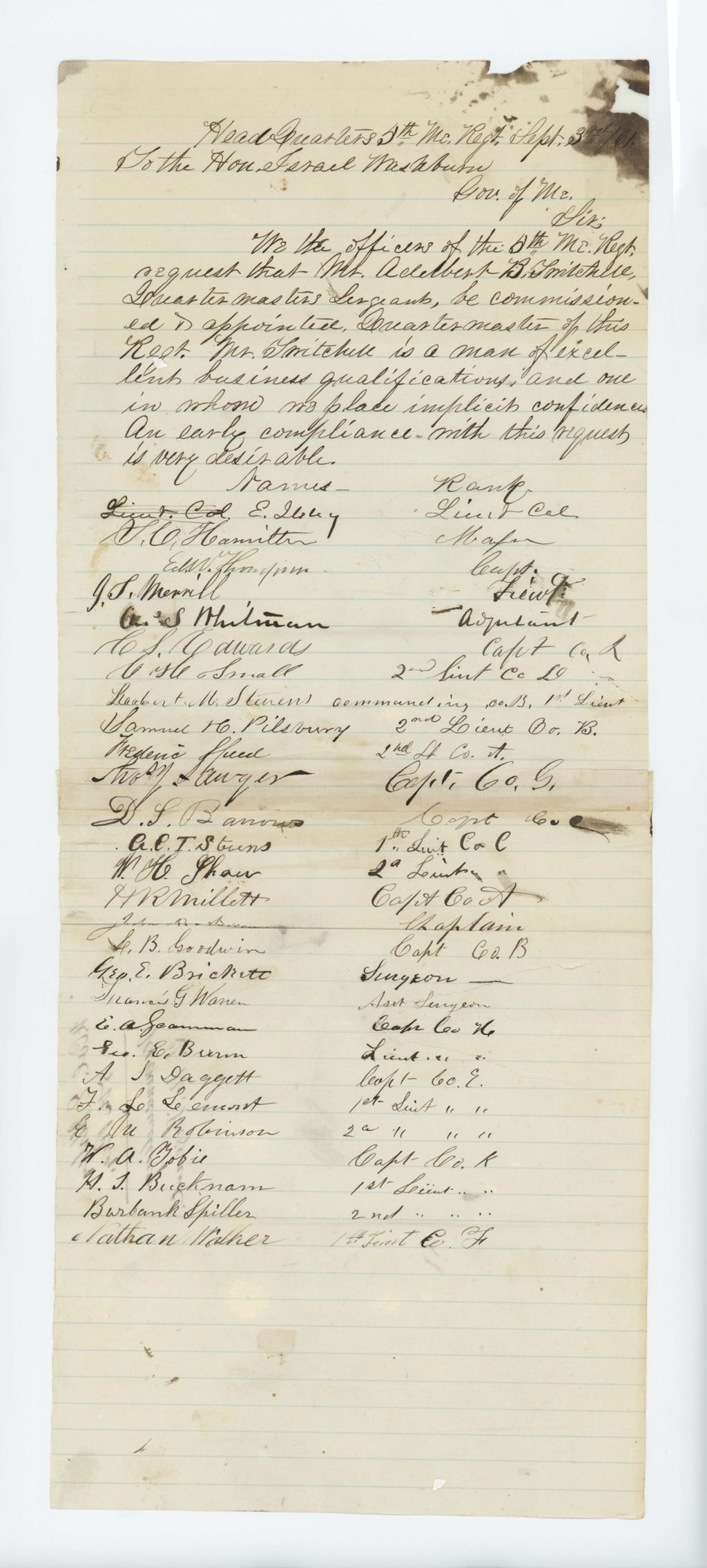 Miniature of Petition of Lieutenant Colonel Ilsley and other officers for commission of Adelbert B. Twitchell as Quartermaster