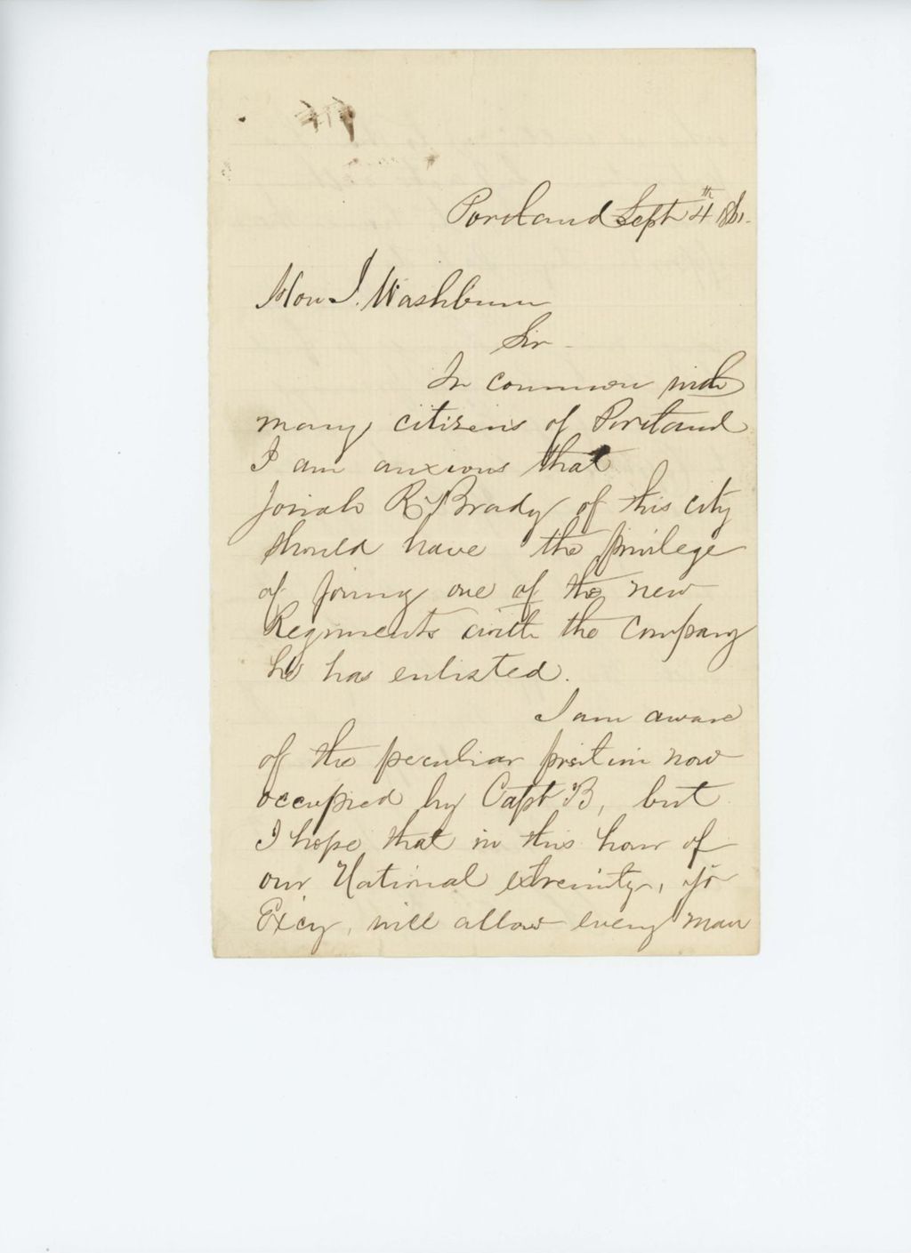 Miniature of Charles B. Merrill requests that Josiah Brady be allowed to join a different regiment