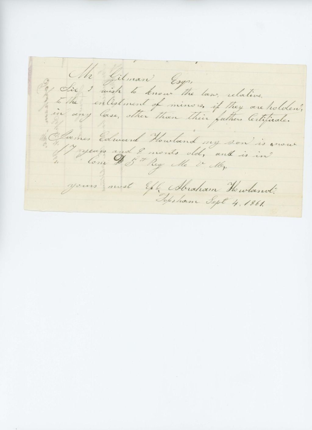 Miniature of Abraham Howland requests information about the law regarding enlistment of minors
