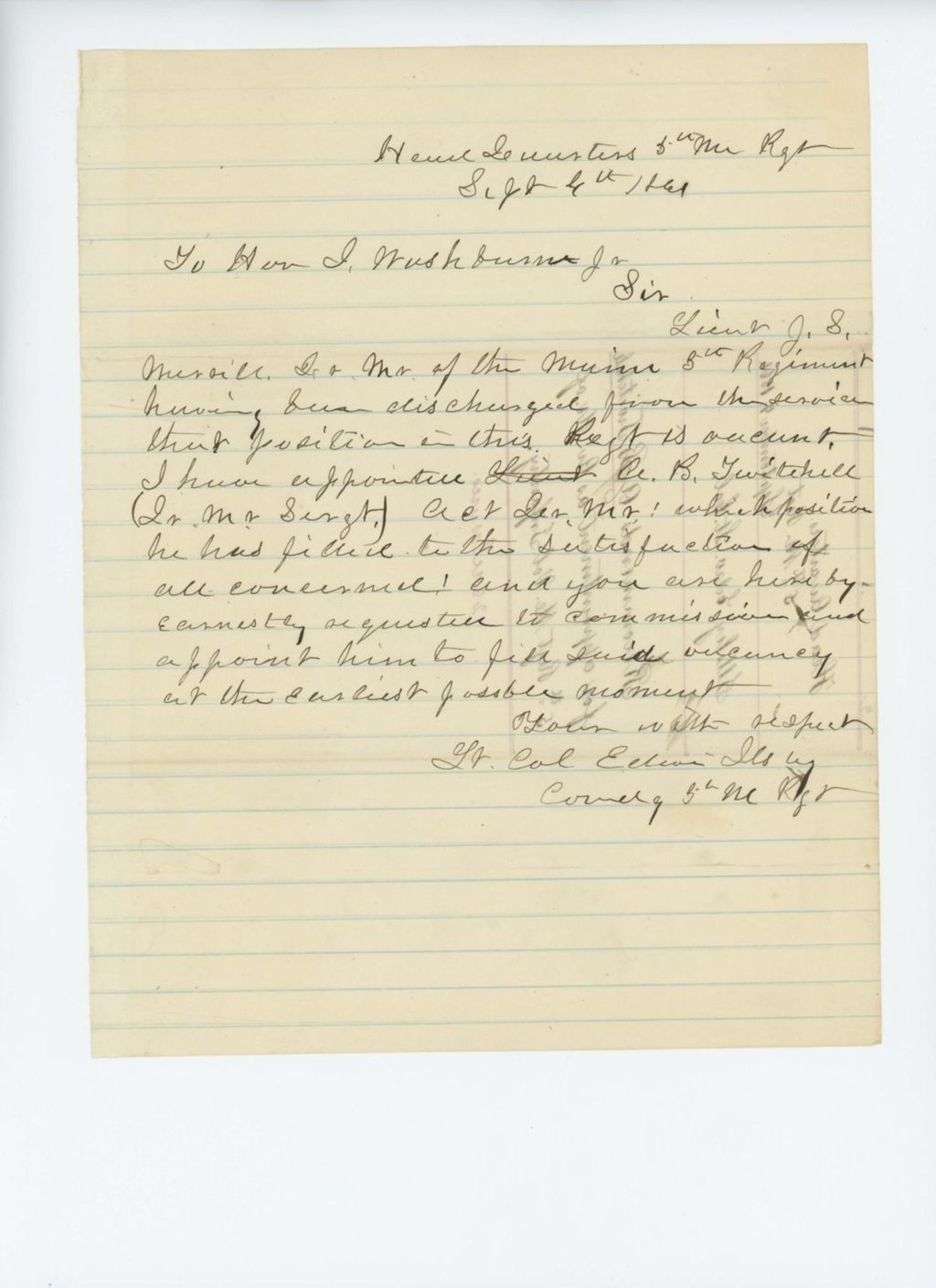 Miniature of Lieutenant Colonel Ilsley requests appointment of Adelbert Twitchell as Quartermaster