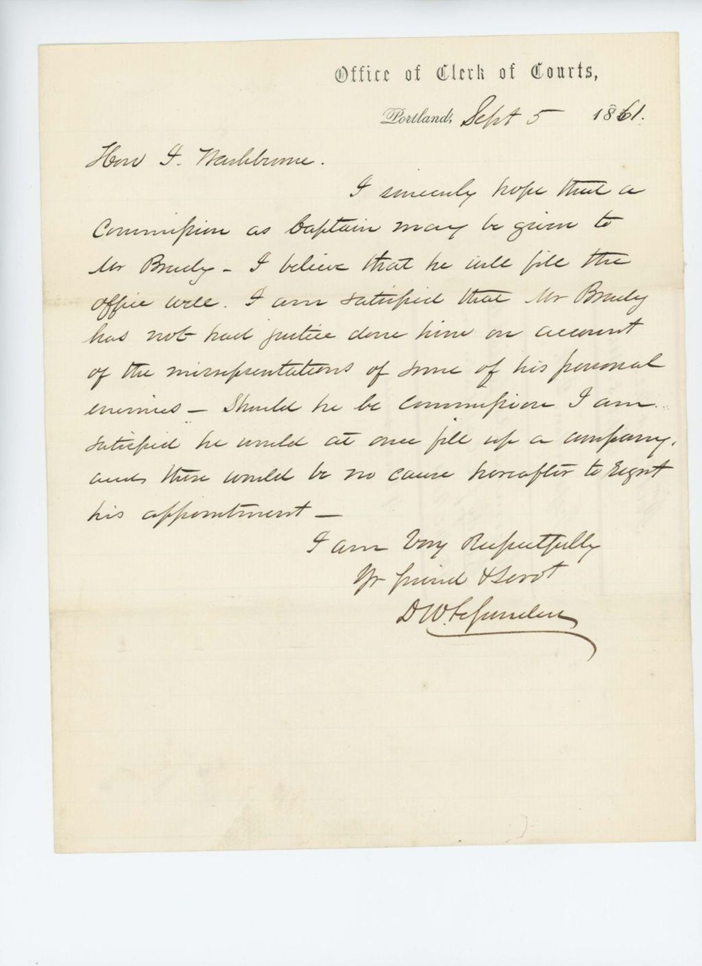 Miniature of D.W. Fessenden recommends Josiah R. Brady for captain in the 9th Maine Regiment