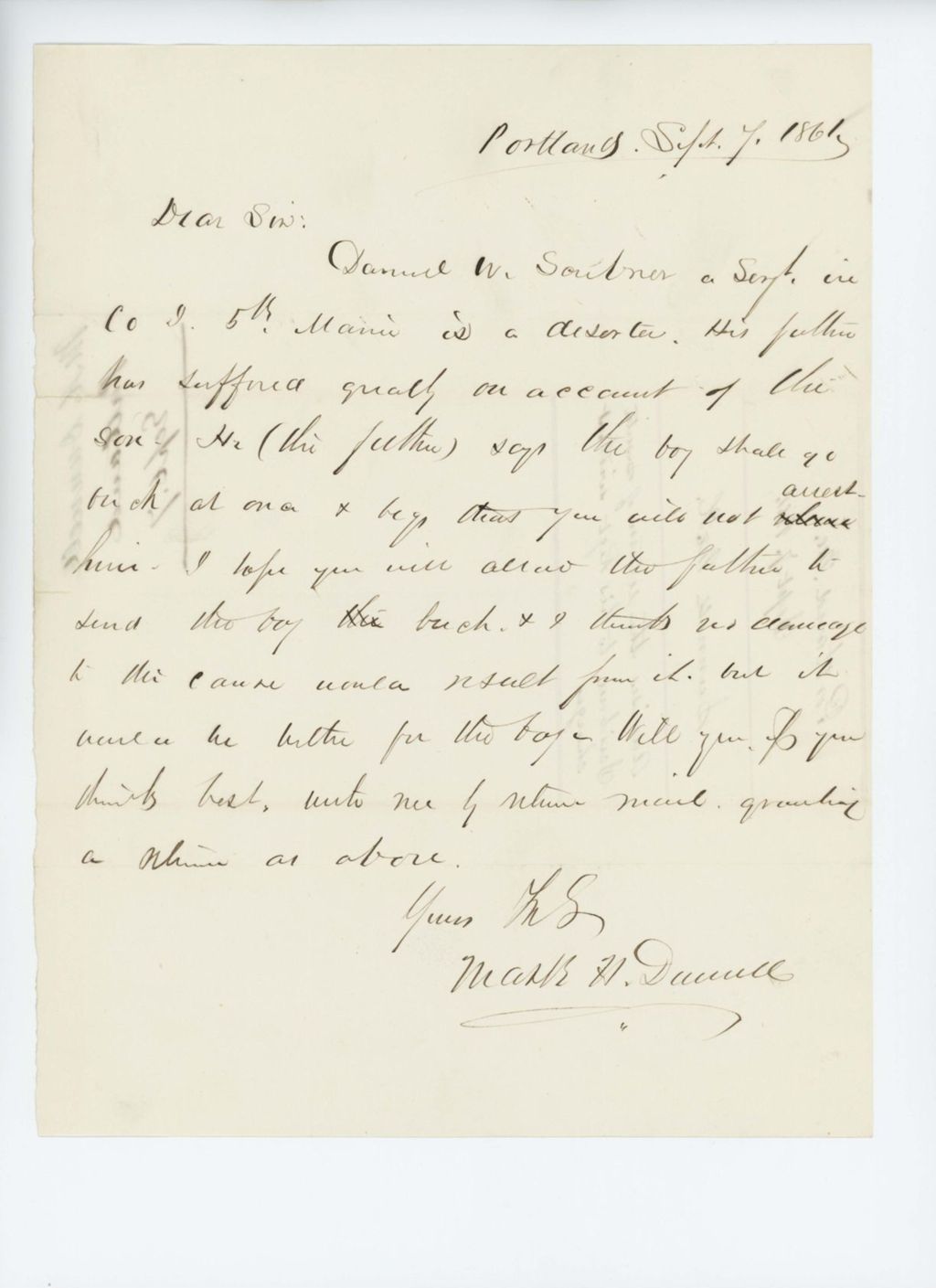 Miniature of Mark Dunnell advises the return of deserter Sergeant Daniel W. Scribner without charges