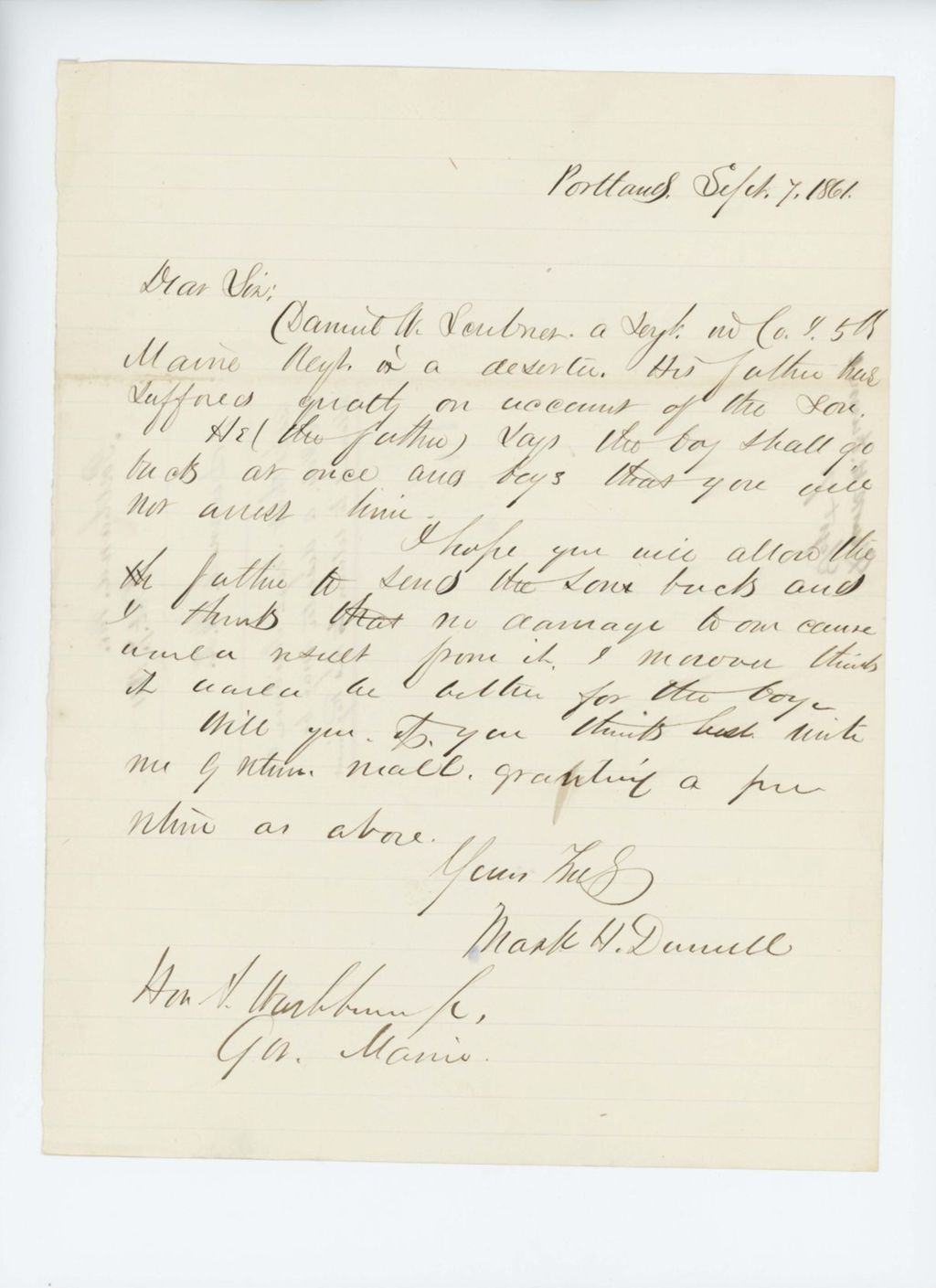 Miniature of Copy of letter from Mark Dunnell advising the return of deserter Sergeant Daniel W. Scribner without charges