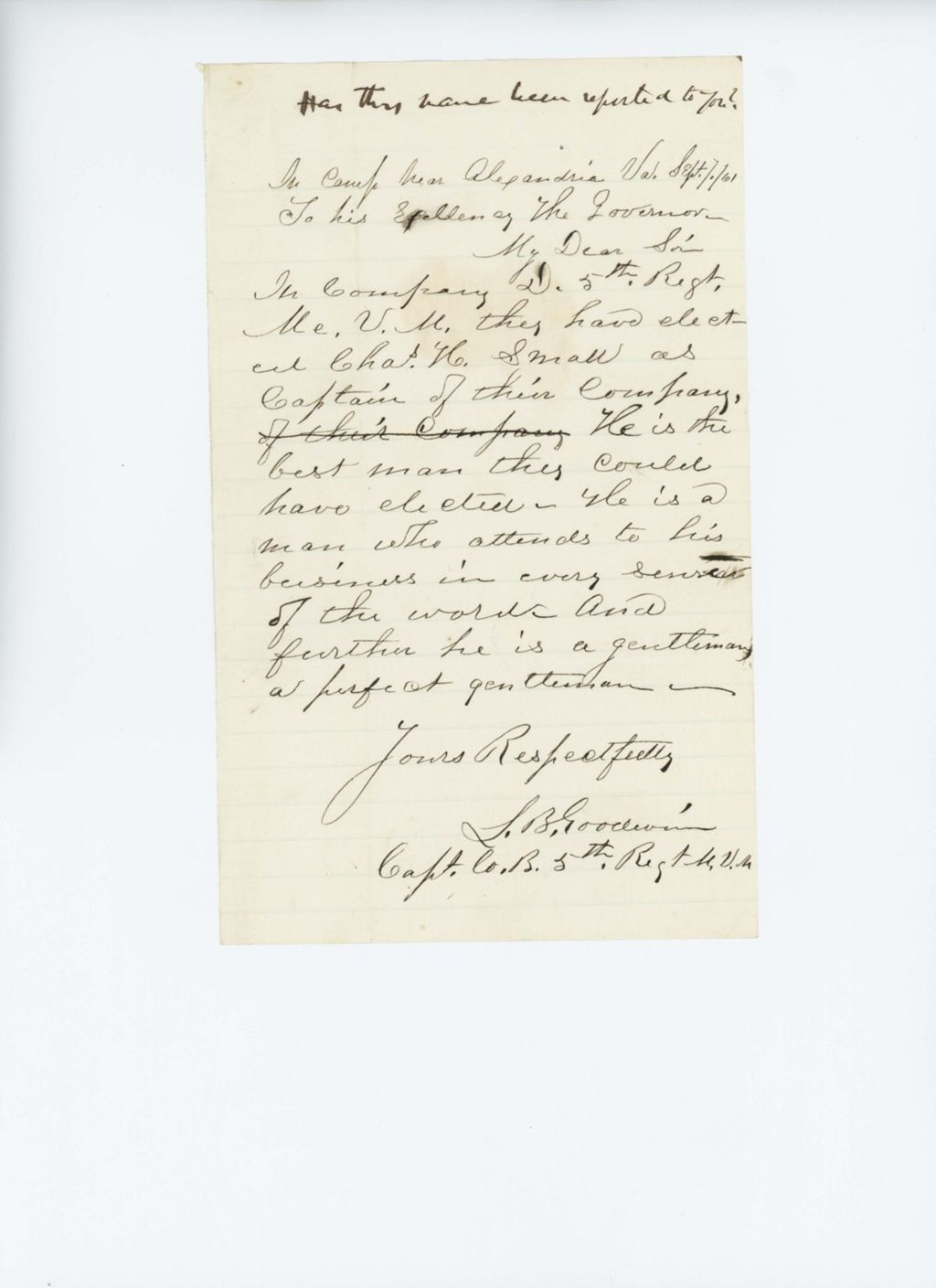 Miniature of Captain Goodwin reports the election of Charles H. Small as captain of Company D