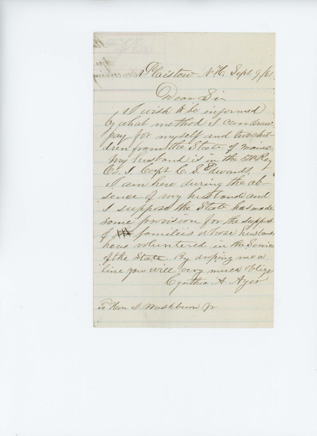 Miniature of Cynthia A. Ayer asks how to draw aid from the state
