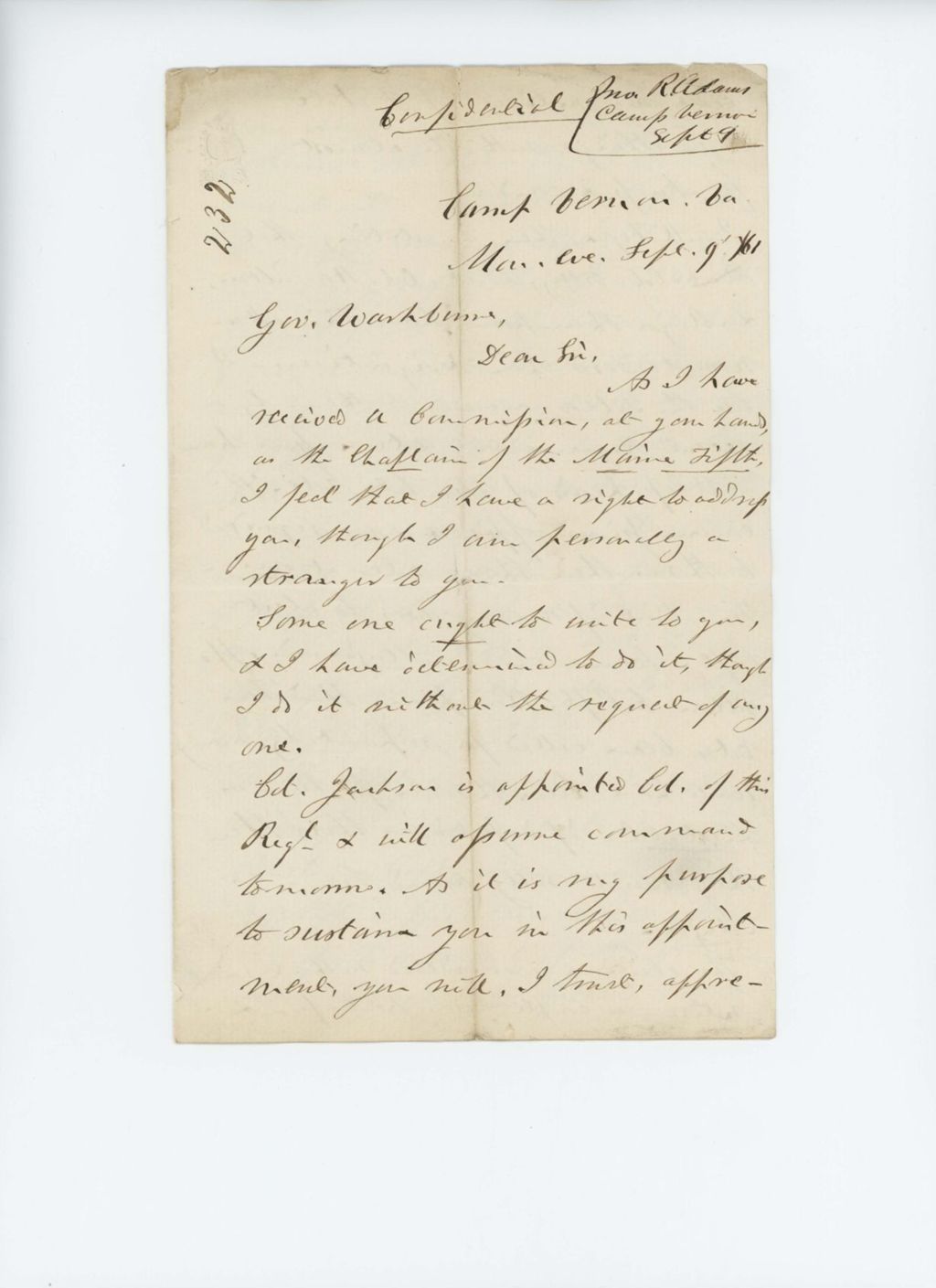 Miniature of Chaplain John R. Adams writes confidentially to Governor Washburn regarding discontent in the regiment