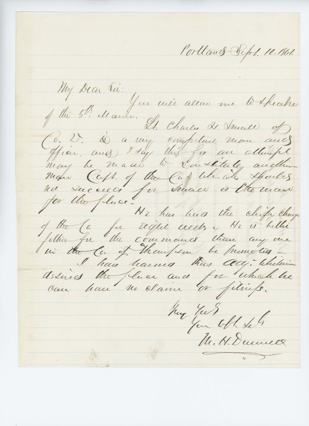 Miniature of Mark Dunnell recommends Lt. Charles H. Small for promotion to Captain