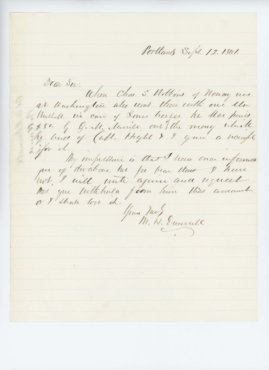 Miniature of Colonel Mark Dunnell writes regarding withheld payment for Charles S. Robbins