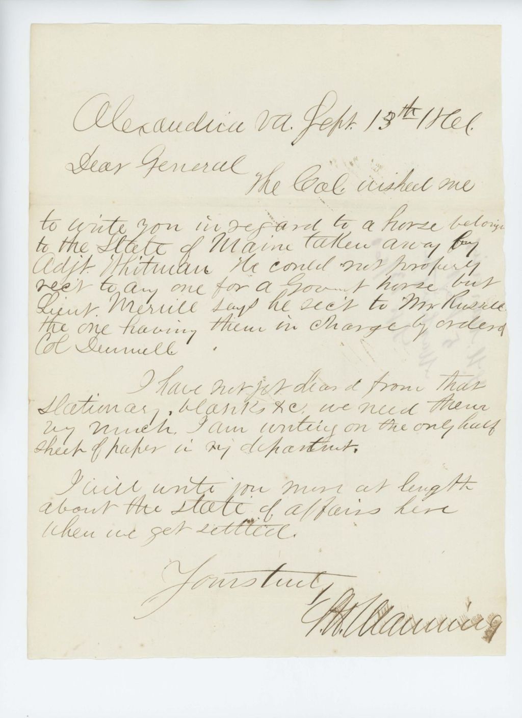 Miniature of S.H. Manning writes regarding a horse taken by Adjutant Whitman