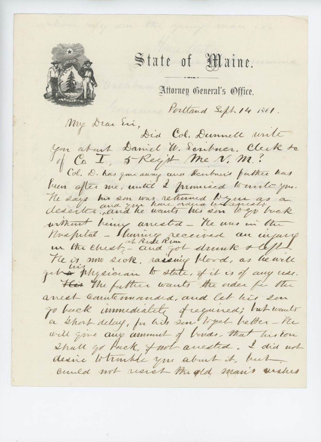 Miniature of Attorney General Josiah Drummond writes Governor Washburn regarding the case of Daniel W. Scribner