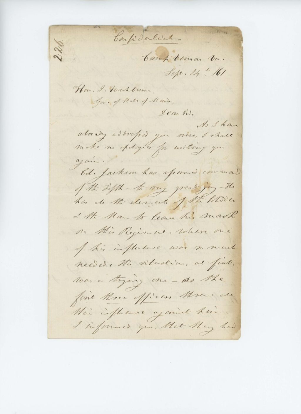 Miniature of John R. Adams writes regarding Colonel Jackson and the regiment