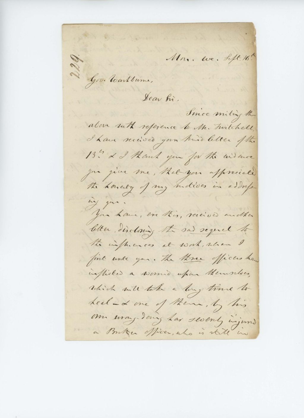 Miniature of Chaplain John R. Adams writes Governor Washburn regarding discontent in the regiment