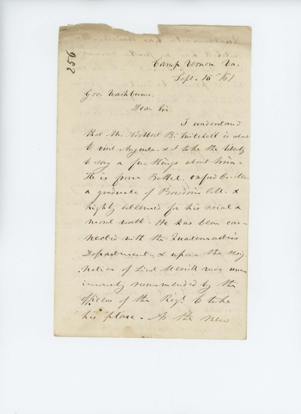 Miniature of Chaplain John Adams writes Governor Washburn about Adelbert Twitchell