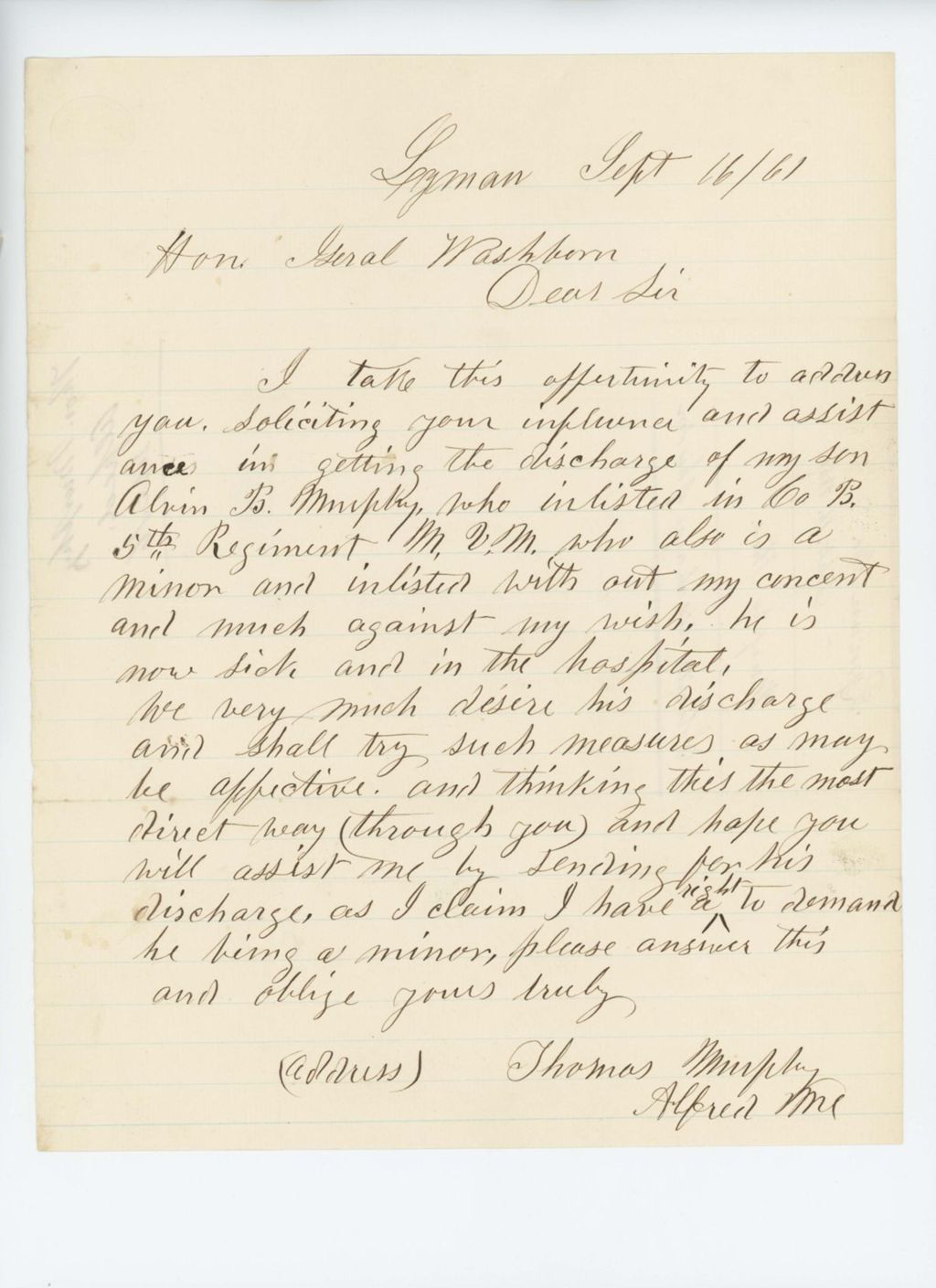 Miniature of Thomas Murphy solicits the discharge of his son Alvin