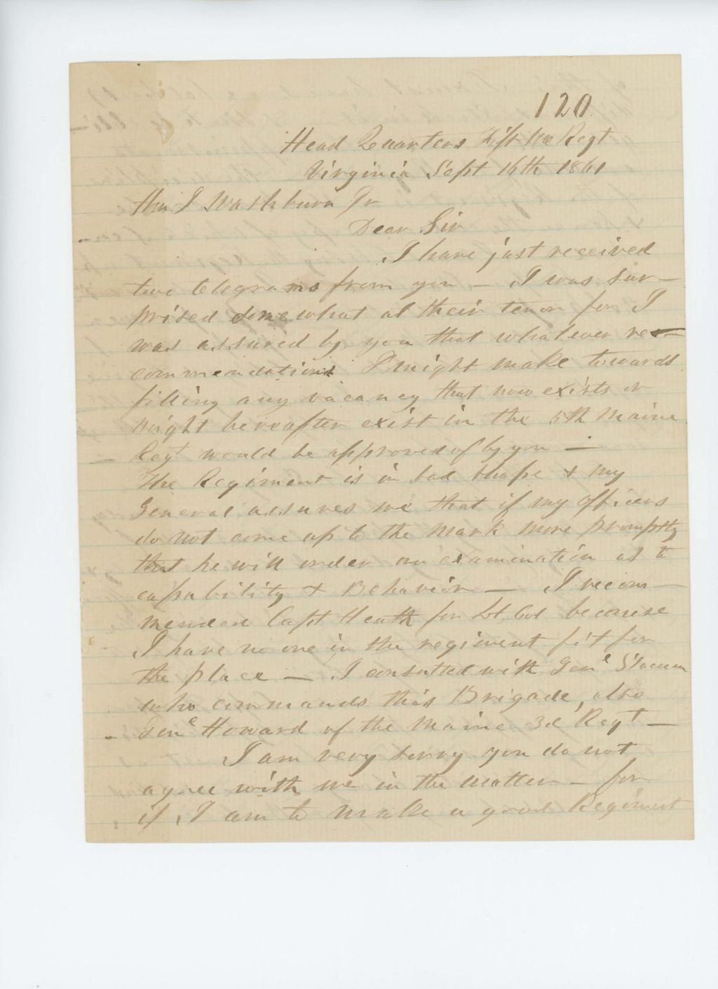 Miniature of Colonel Jackson writes Governor Washburn regarding problems in the regiment