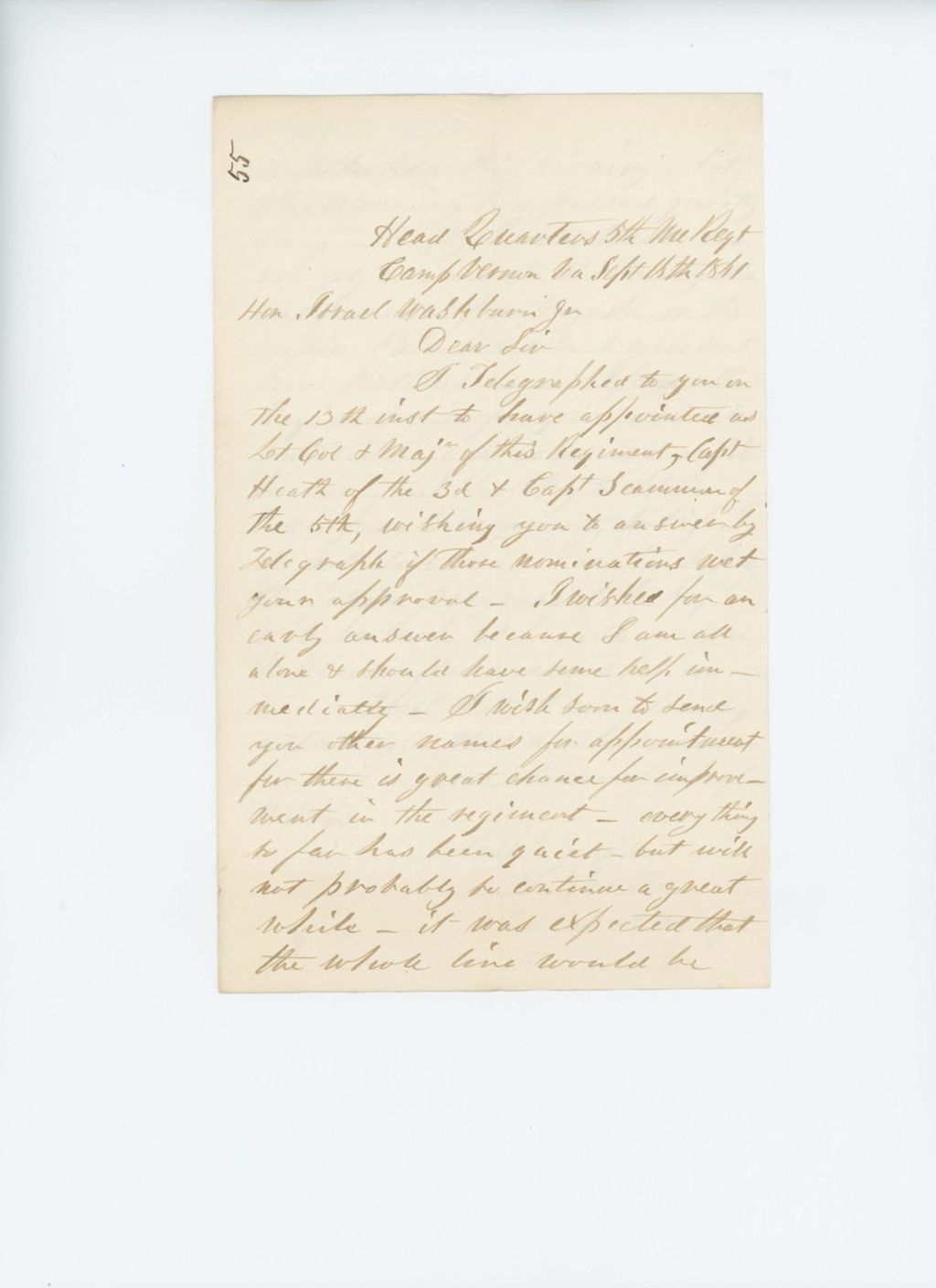 Miniature of Colonel Nathaniel Jackson writes Governor Washburn regarding appointments of Captain Heath and Captain Scammon