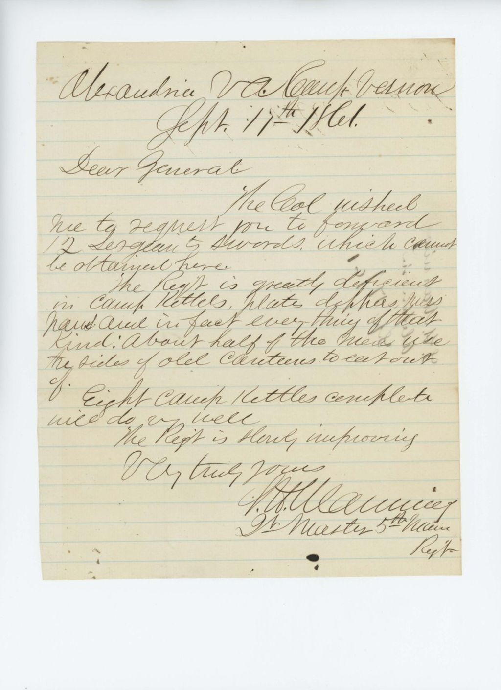 Miniature of S.H. Manning requests 12 Sergeant's swords for the regiment