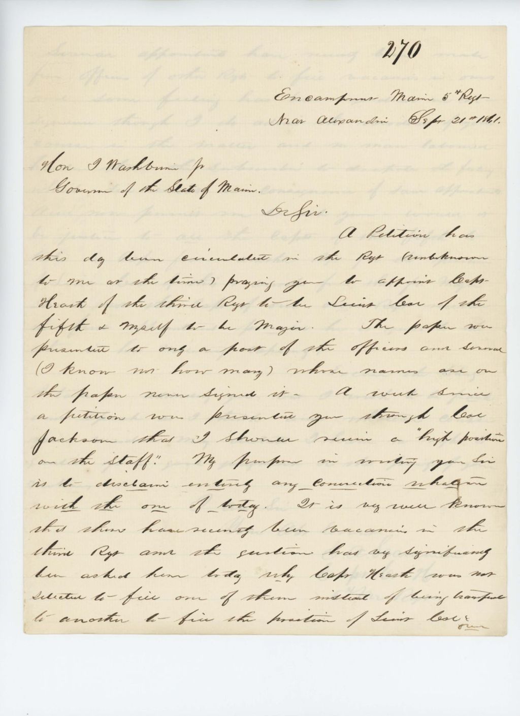 Miniature of Captain Edward A. Scamman of Company H writes Governor Washburn regarding a petition circulating to appoint him Major