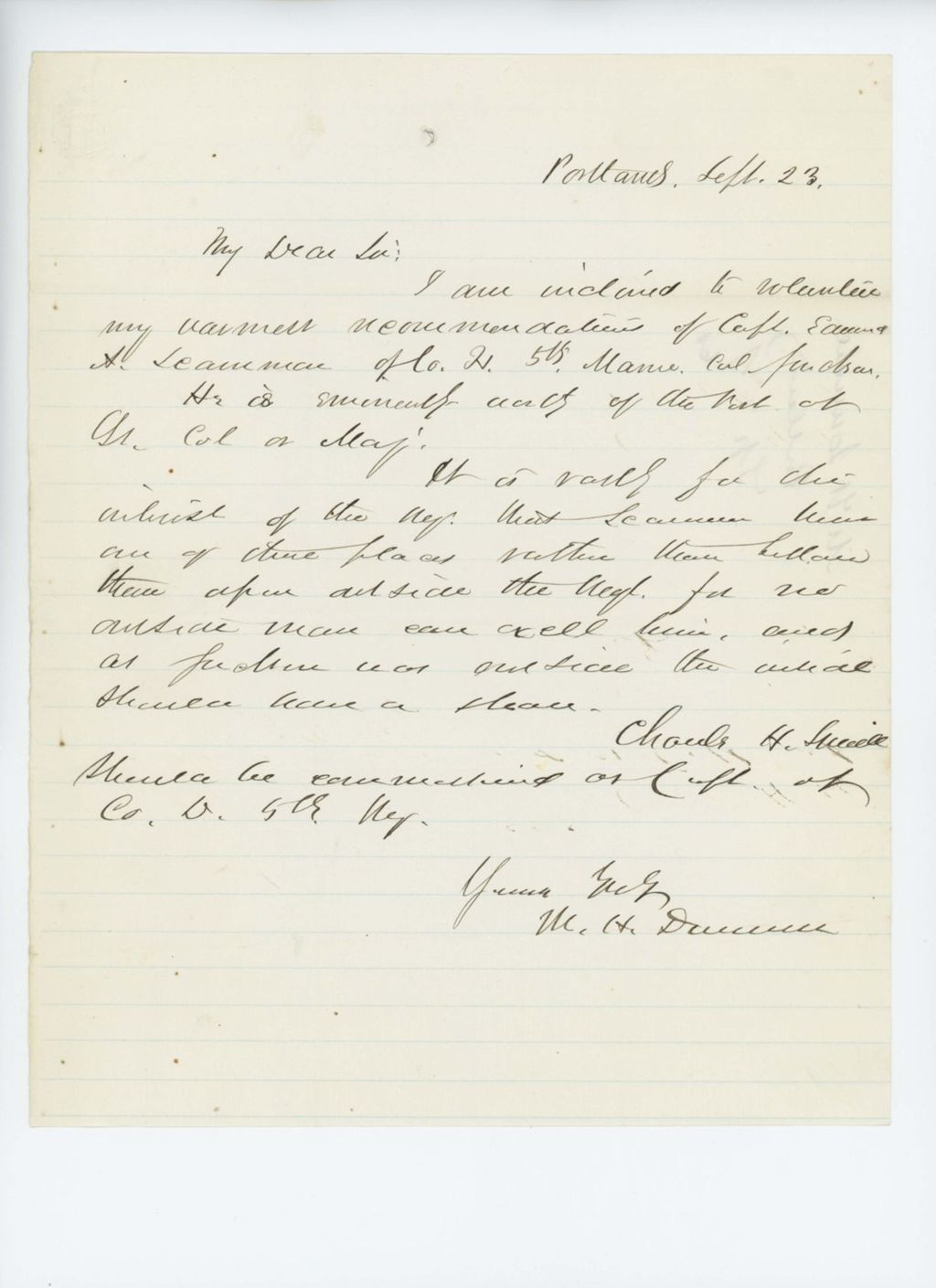Miniature of Mark H. Dunnell recommends promotion of Captain Edward A. Scamman