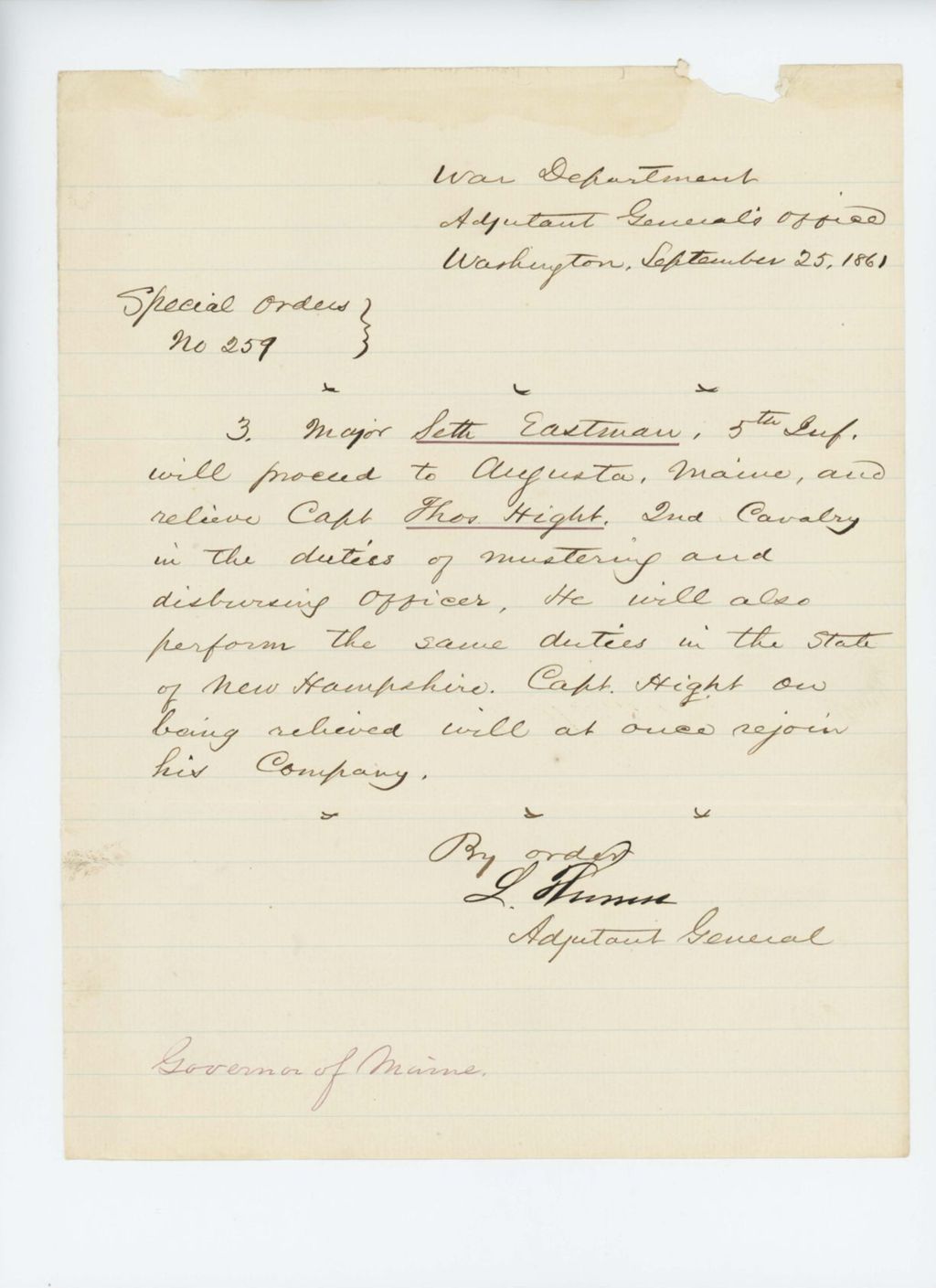 Miniature of Special Order 259 ordering Major Seth Eastman to relieve Captain Thomas Hight of mustering and disbursing duties
