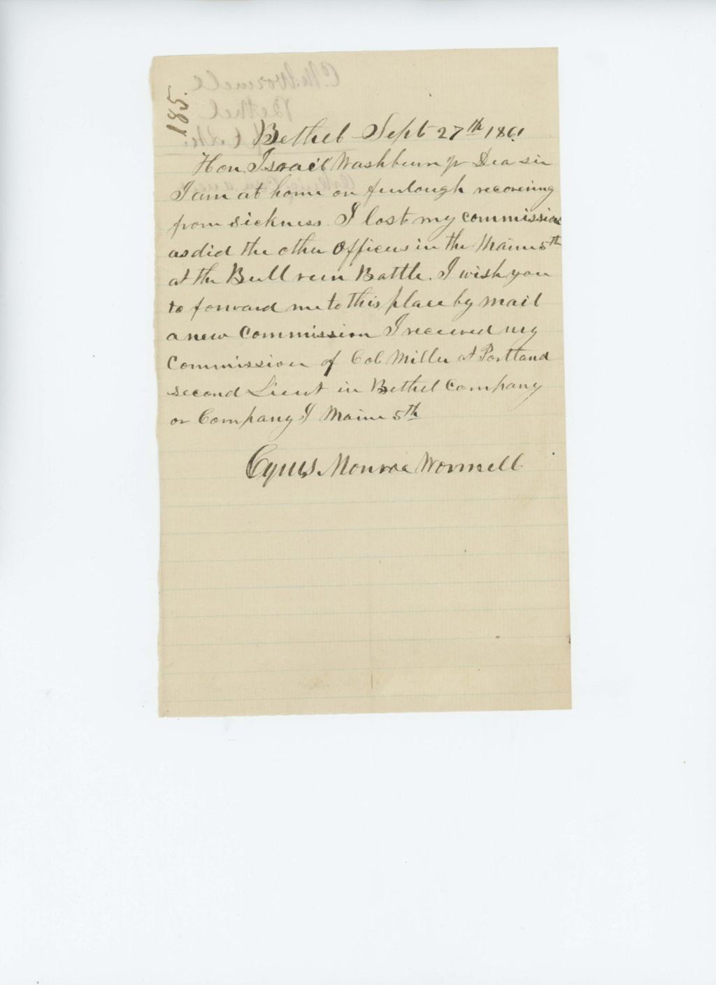 Miniature of Cyrus Monroe Wormell requests a copy of his lost commission