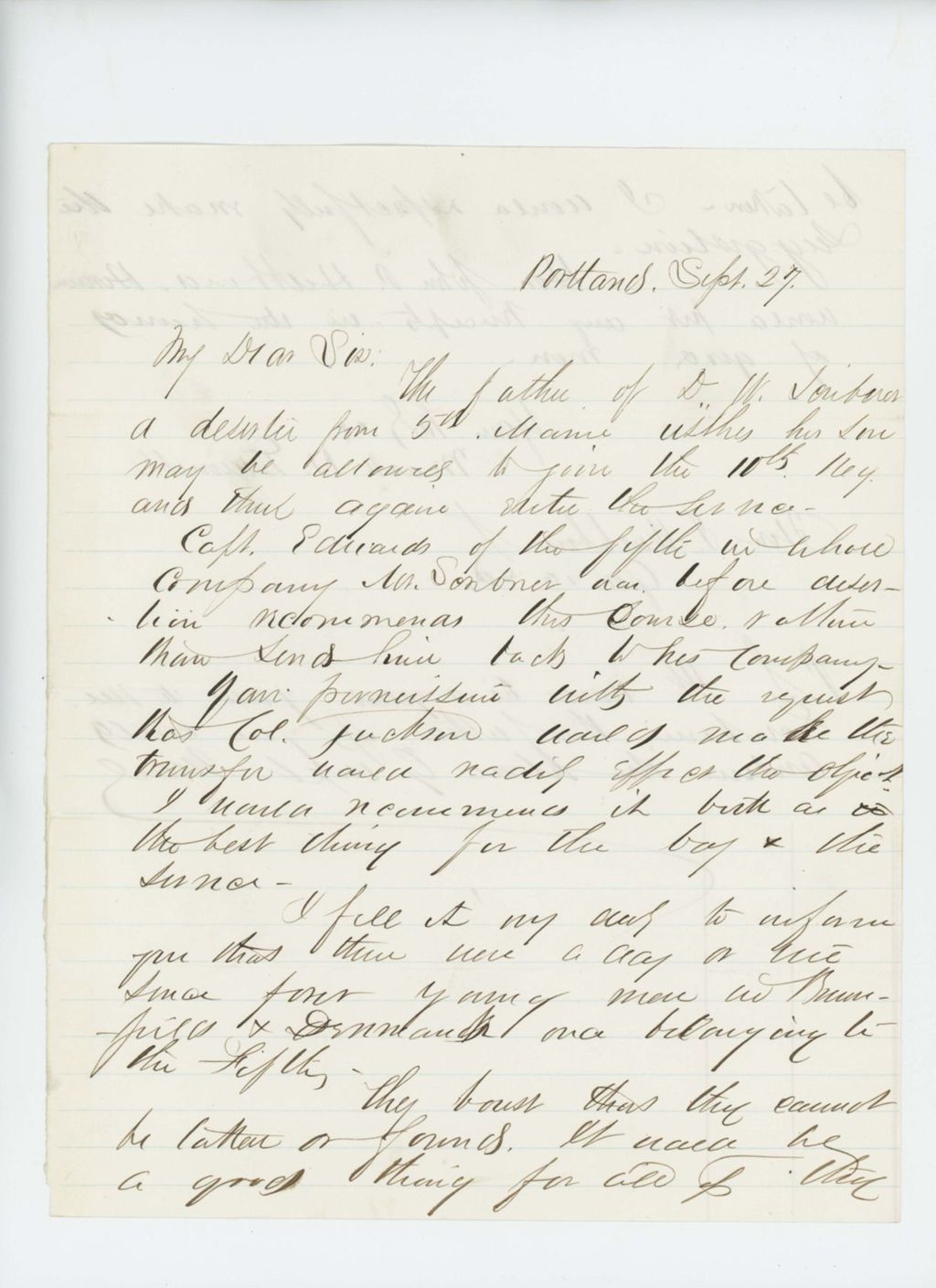 Miniature of Mark Dunnell recommends return of deserter D.W. Scribner to the 10th Regiment